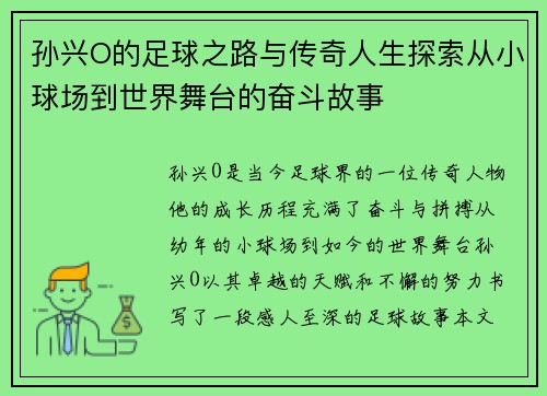 孙兴O的足球之路与传奇人生探索从小球场到世界舞台的奋斗故事